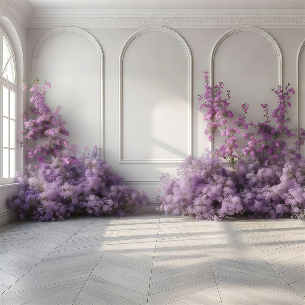 Purple Flowers Backdrop Graceful Purple Floral White Wall Backdrop GTY3-35