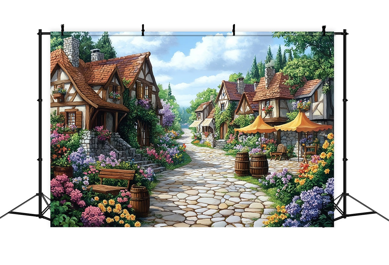 Spring Backdrop Flowers Path Cozy Village Lane Backdrop LXX1-10