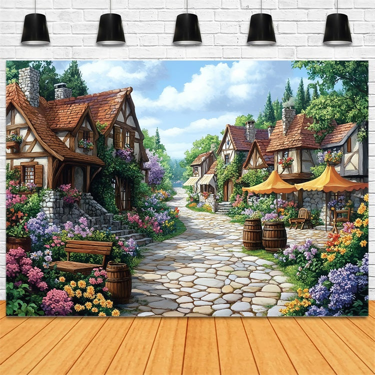 Spring Backdrop Flowers Path Cozy Village Lane Backdrop LXX1-10