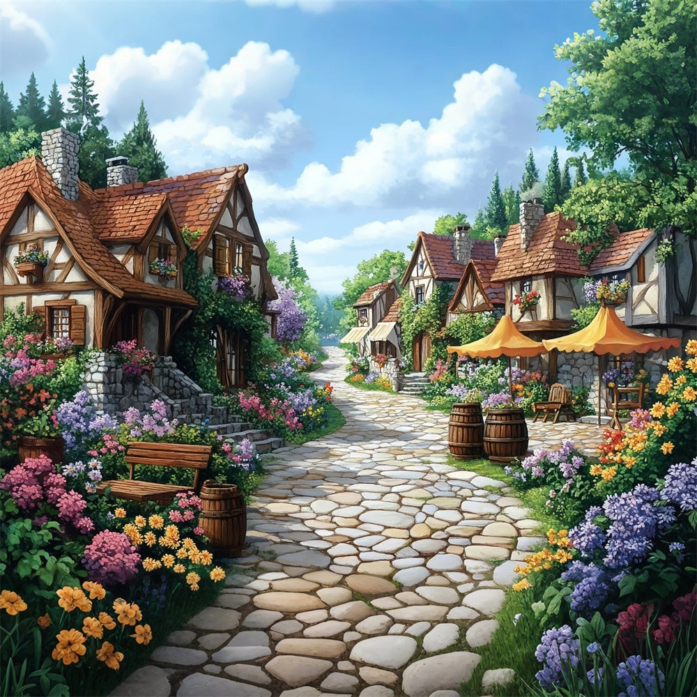 Spring Backdrop Flowers Path Cozy Village Lane Backdrop LXX1-10