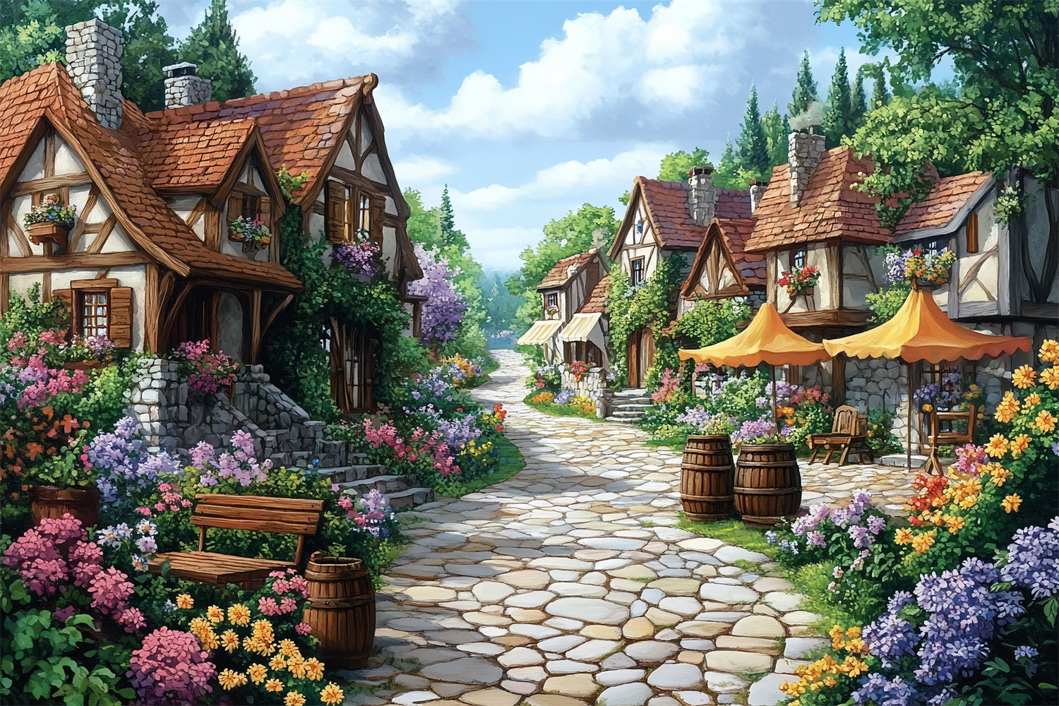 Spring Backdrop Flowers Path Cozy Village Lane Backdrop LXX1-10