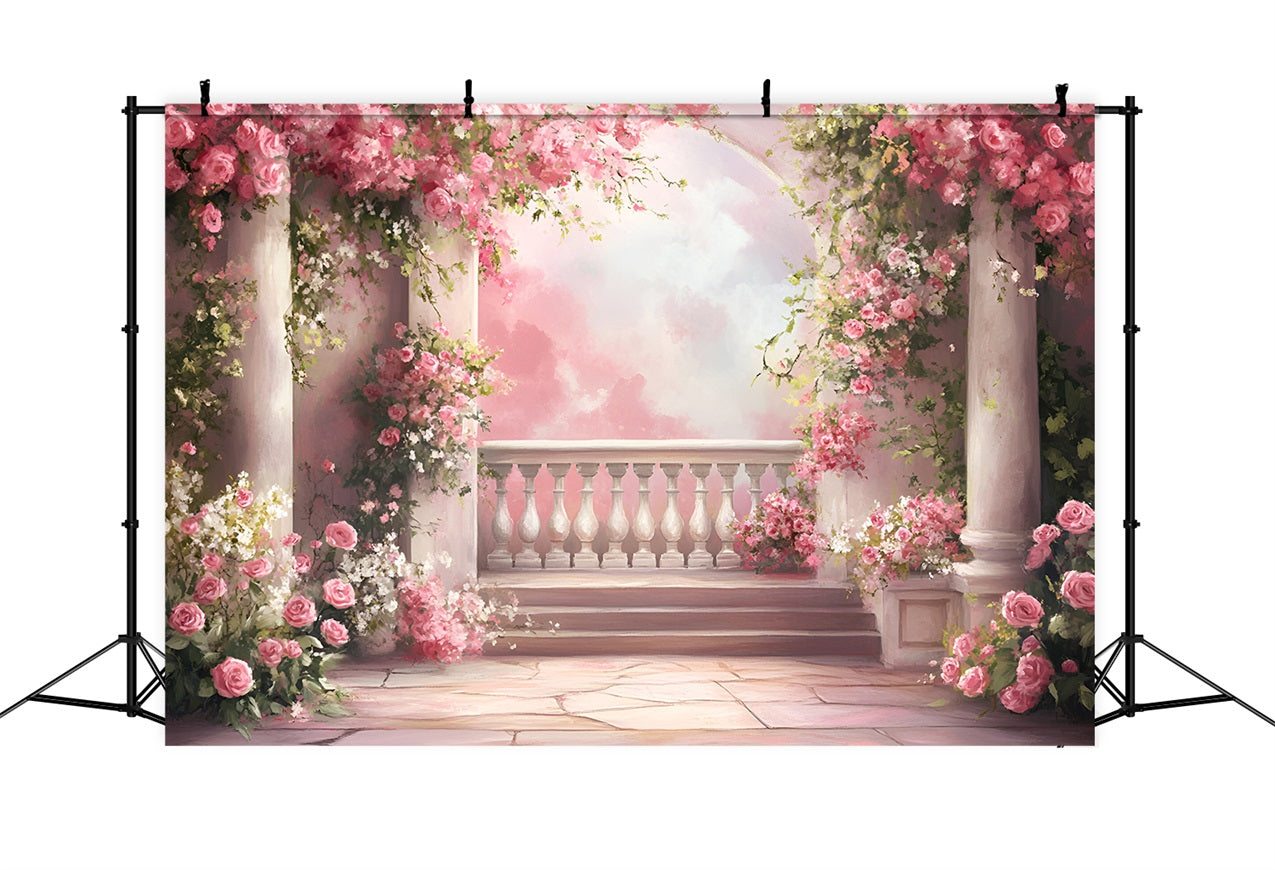 Spring Backdrops Dreamy Balcony Cascading Pink Roses Backdrop LXX1-103