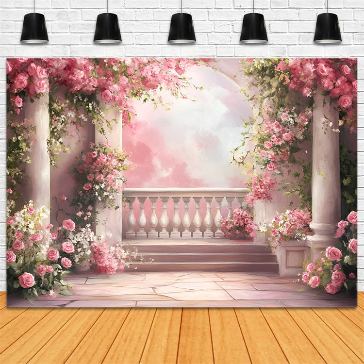 Spring Backdrops Dreamy Balcony Cascading Pink Roses Backdrop LXX1-103