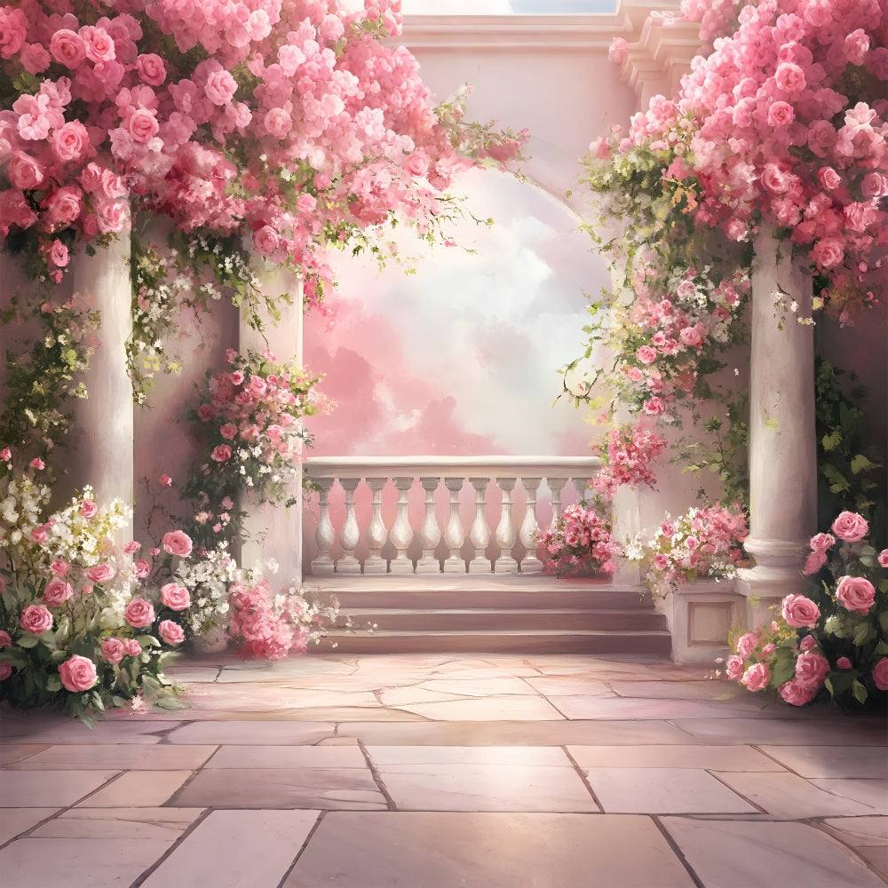 Spring Backdrops Dreamy Balcony Cascading Pink Roses Backdrop LXX1-103