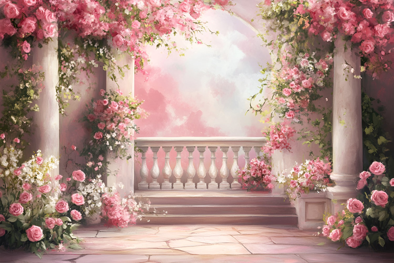 Spring Backdrops Dreamy Balcony Cascading Pink Roses Backdrop LXX1-103