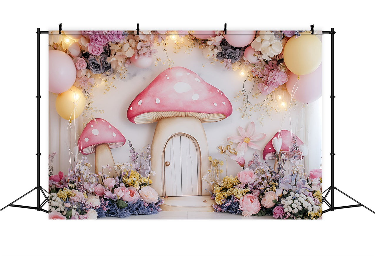 Spring Backdrops Photography Whimsy Mushroom Cottage Flowers Backdrop LXX1-104