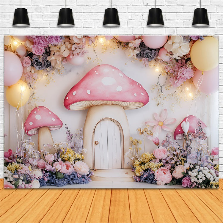 Spring Backdrops Photography Whimsy Mushroom Cottage Flowers Backdrop LXX1-104