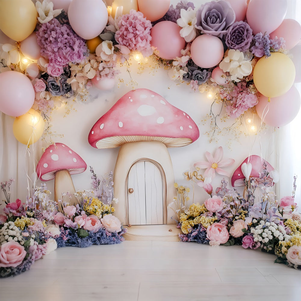 Spring Backdrops Photography Whimsy Mushroom Cottage Flowers Backdrop LXX1-104