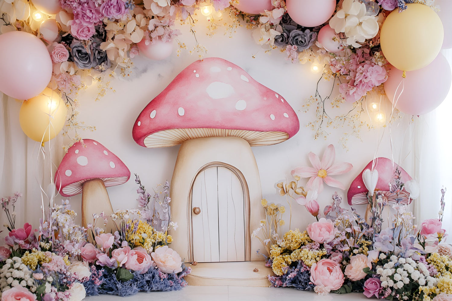 Spring Backdrops Photography Whimsy Mushroom Cottage Flowers Backdrop LXX1-104