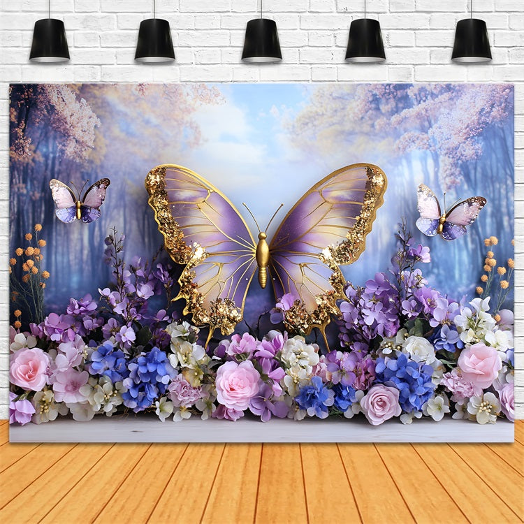 Spring Backdrop Photography Fairyland Purple Gold Butterfly Backdrop LXX1-106