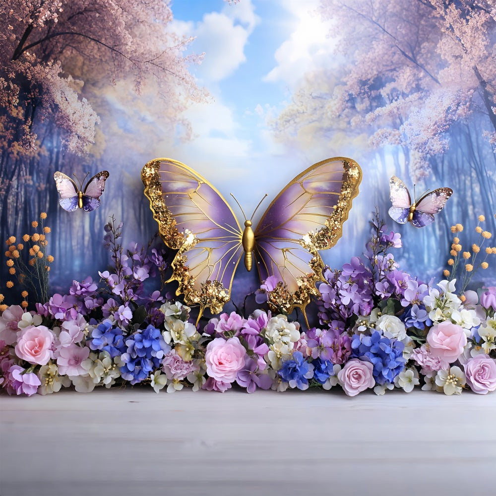 Spring Backdrop Photography Fairyland Purple Gold Butterfly Backdrop LXX1-106