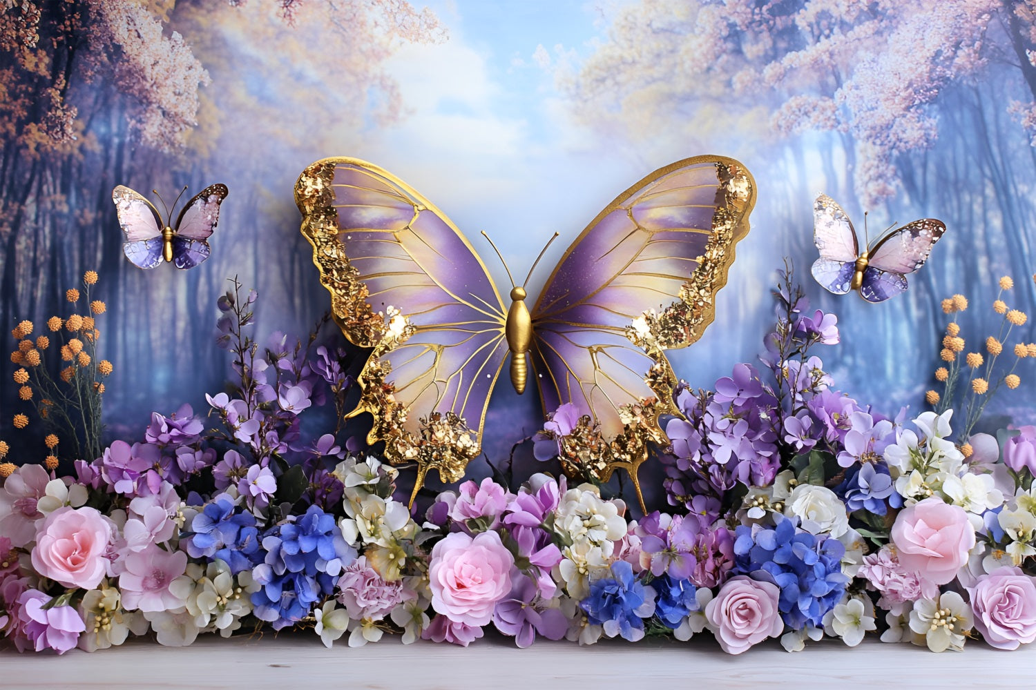 Spring Backdrop Photography Fairyland Purple Gold Butterfly Backdrop LXX1-106