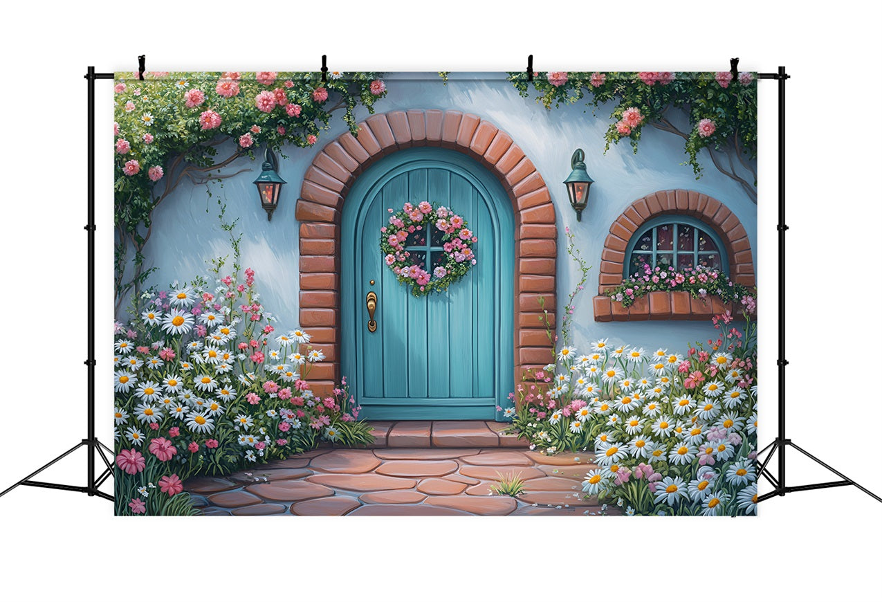 Photography Backdrops Spring Blue Door Pink Roses Backdrop LXX1-109