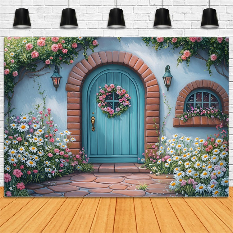 Photography Backdrops Spring Blue Door Pink Roses Backdrop LXX1-109