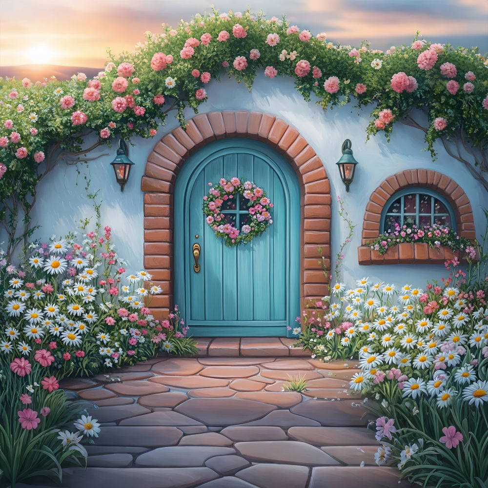 Photography Backdrops Spring Blue Door Pink Roses Backdrop LXX1-109