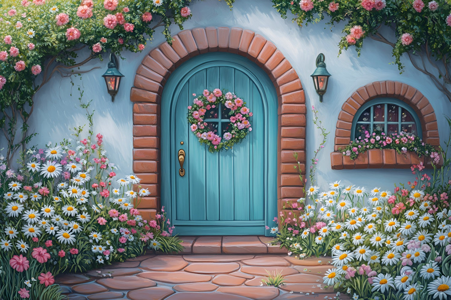 Photography Backdrops Spring Blue Door Pink Roses Backdrop LXX1-109