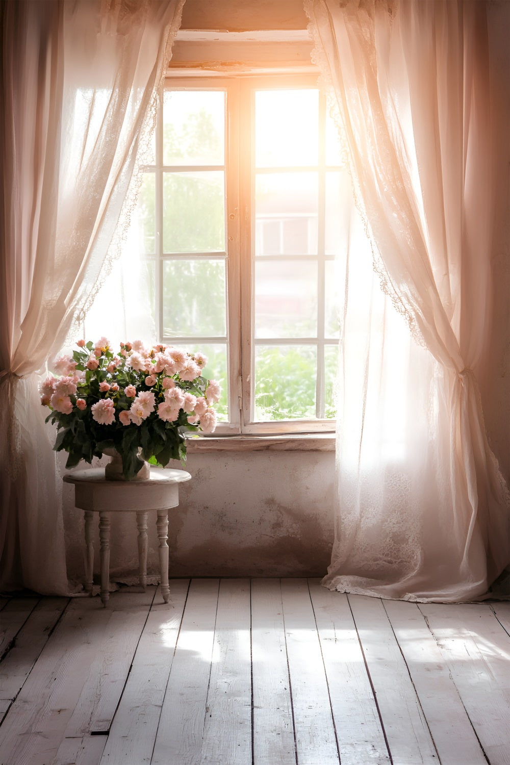 Spring Themed Backdrop Rustic Window Pink Flowers Backdrop LXX1-131