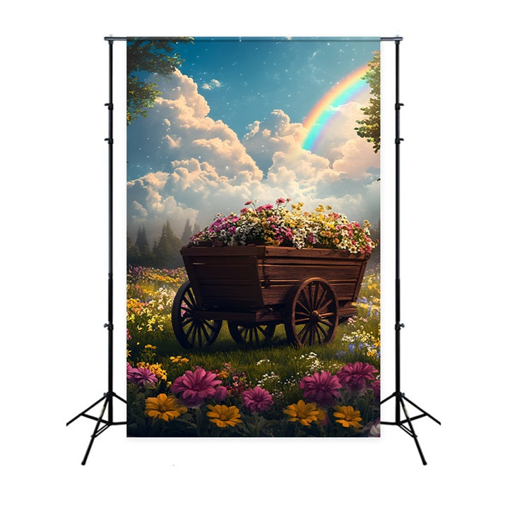 Spring Flowers Backdrop Wooden Cart Rainbow Backdrop LXX1-133