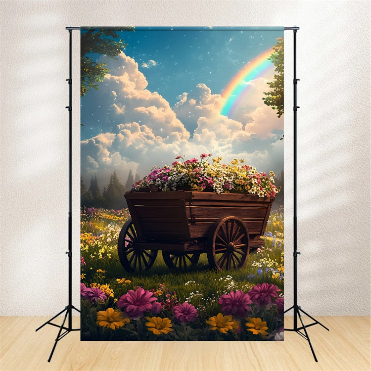 Spring Flowers Backdrop Wooden Cart Rainbow Backdrop LXX1-133