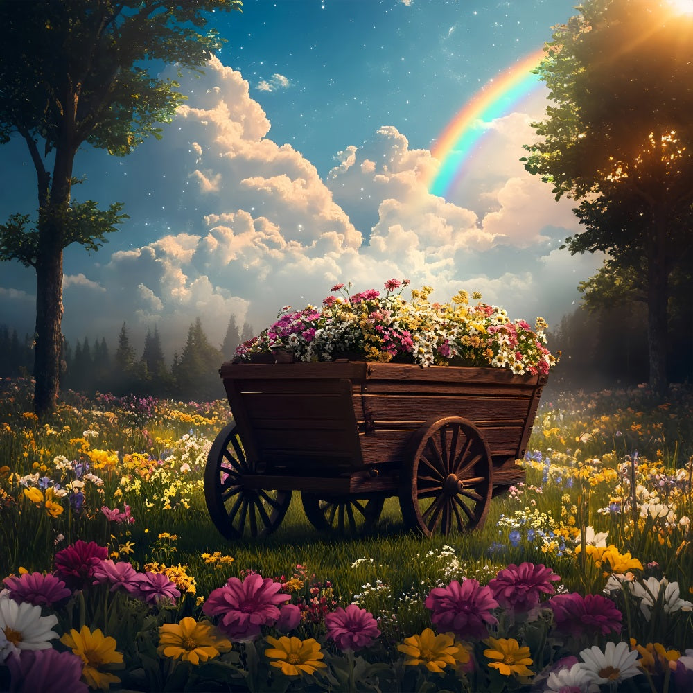 Spring Flowers Backdrop Wooden Cart Rainbow Backdrop LXX1-133