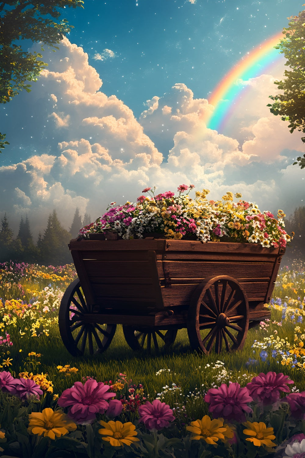 Spring Flowers Backdrop Wooden Cart Rainbow Backdrop LXX1-133