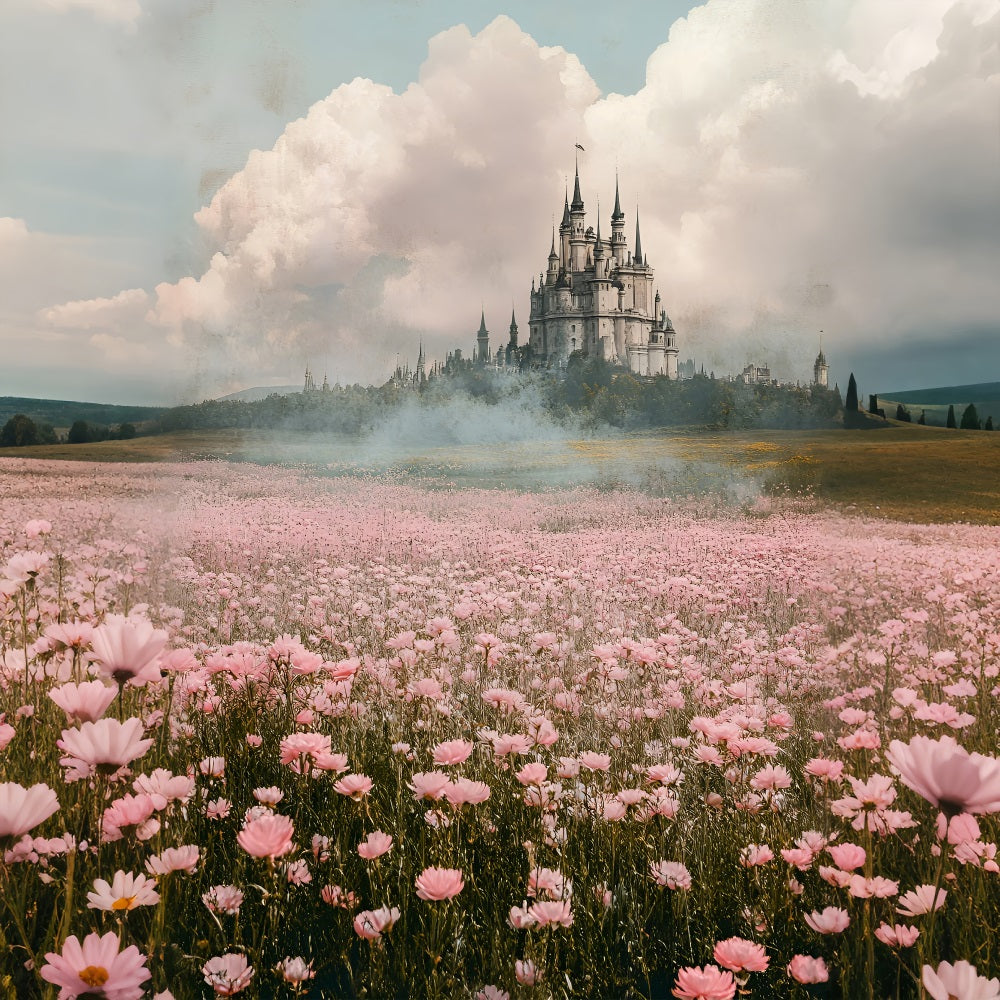 Springtime Backdrop Fantasy Castle Pink Meadow Backdrop LXX1-134