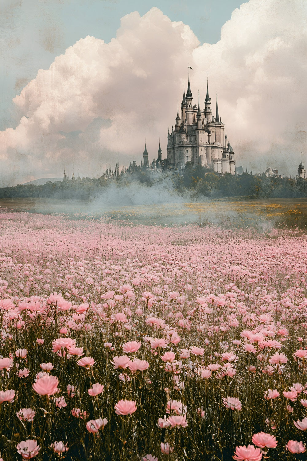 Springtime Backdrop Fantasy Castle Pink Meadow Backdrop LXX1-134