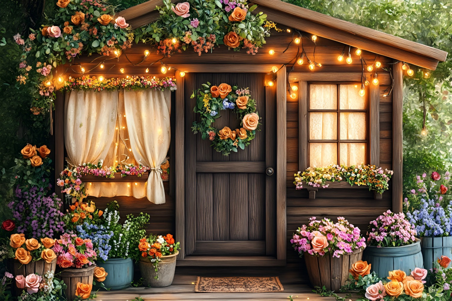 Spring Backdrops Warm Lights Cozy Cottage Floral Backdrop LXX1-141