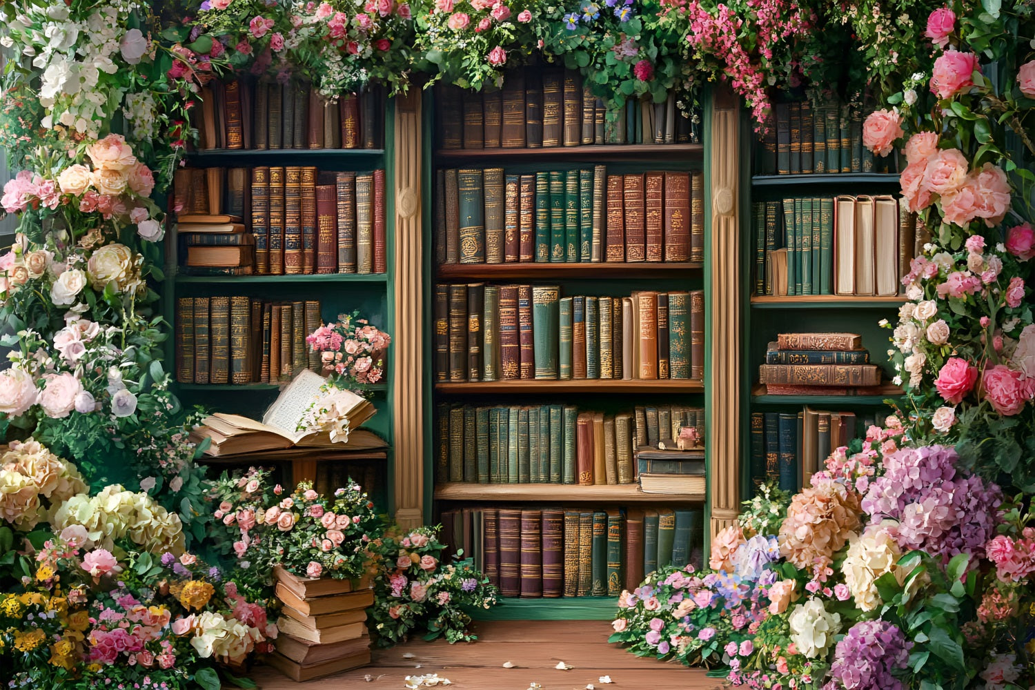 Spring Backdrop Photography Bookcase Blooming Roses Backdrop LXX1-144