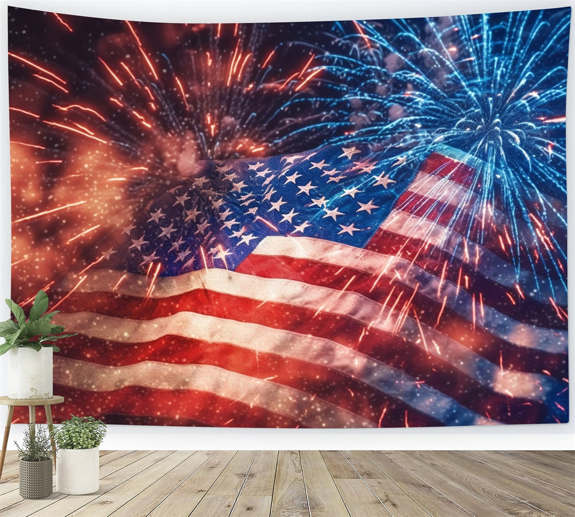 American Flag Photo Backdrop Vibrant Fireworks Show Backdrop LXX1-182