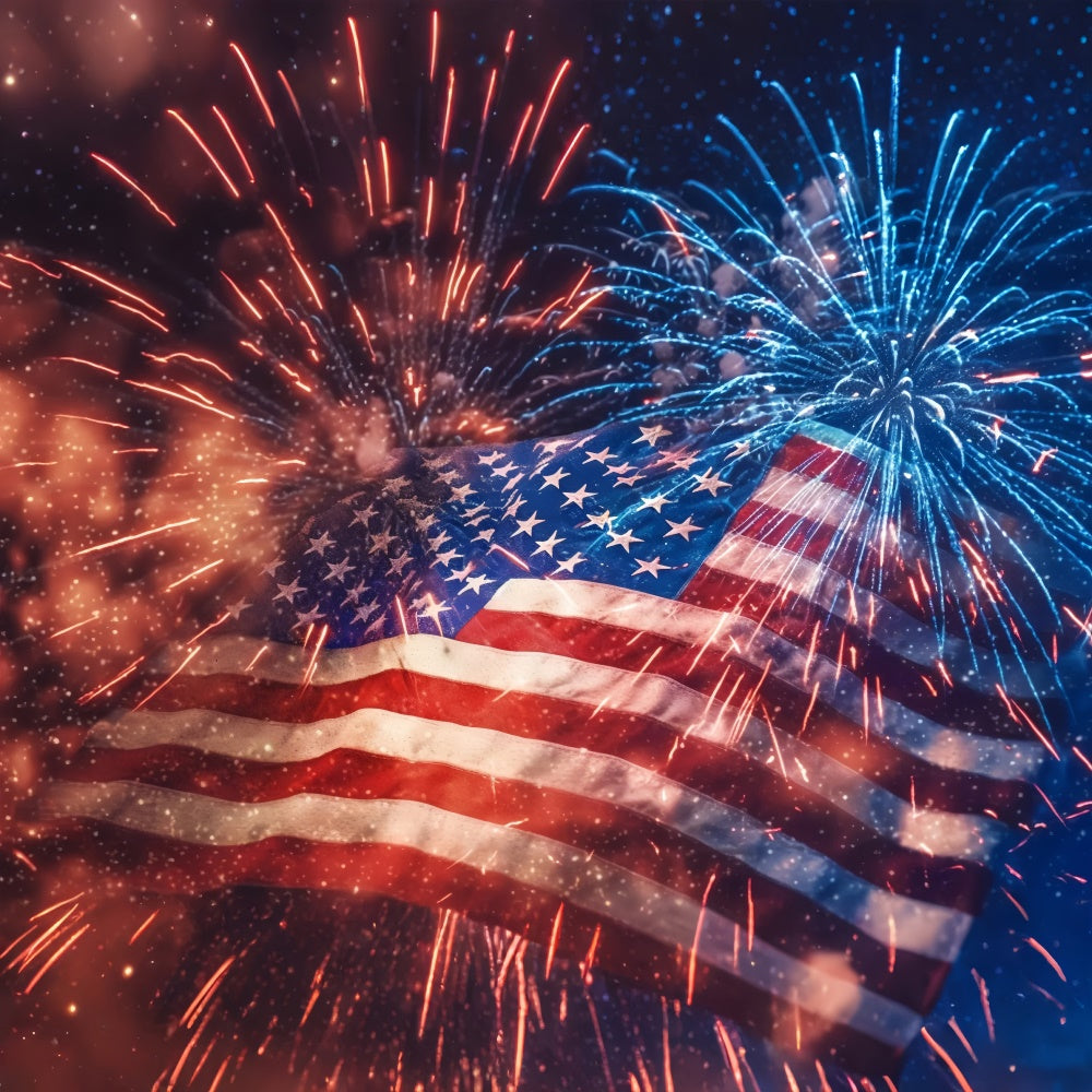 American Flag Photo Backdrop Vibrant Fireworks Show Backdrop LXX1-182