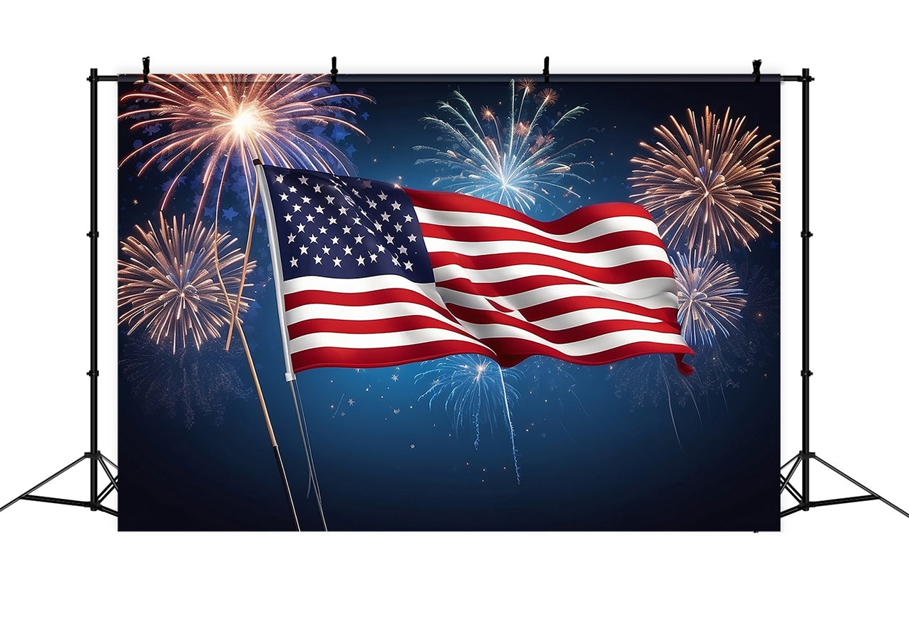 American Flag Backdrops Fireworks Over Patriotic Waves Backdrop LXX1-189