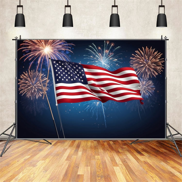 American Flag Backdrops Fireworks Over Patriotic Waves Backdrop LXX1-189