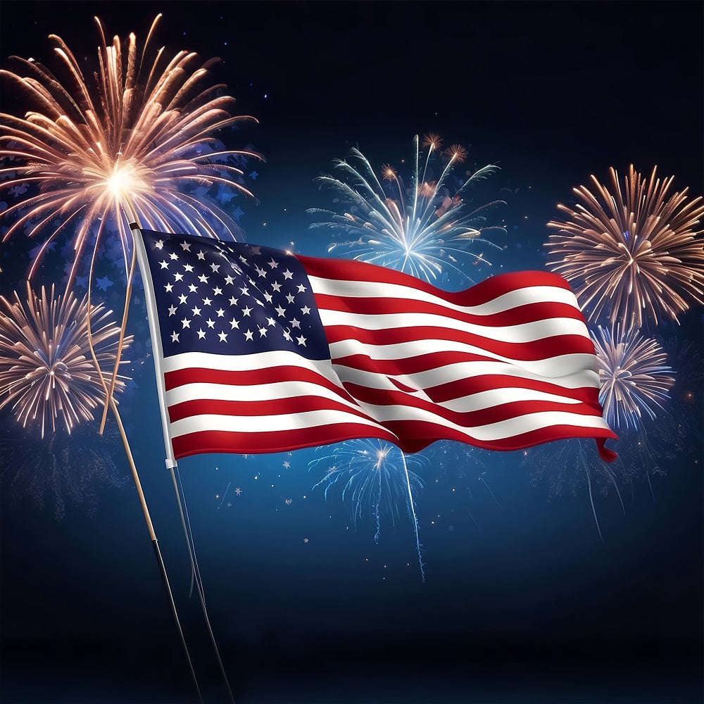 American Flag Backdrops Fireworks Over Patriotic Waves Backdrop LXX1-189