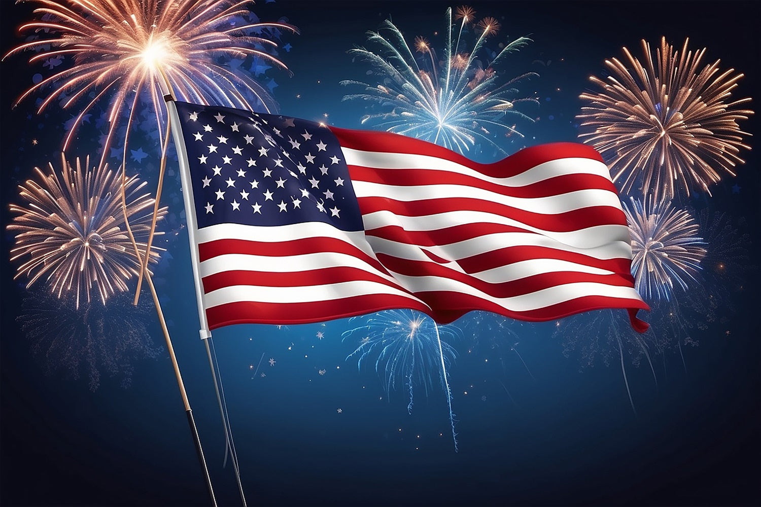 American Flag Backdrops Fireworks Over Patriotic Waves Backdrop LXX1-189