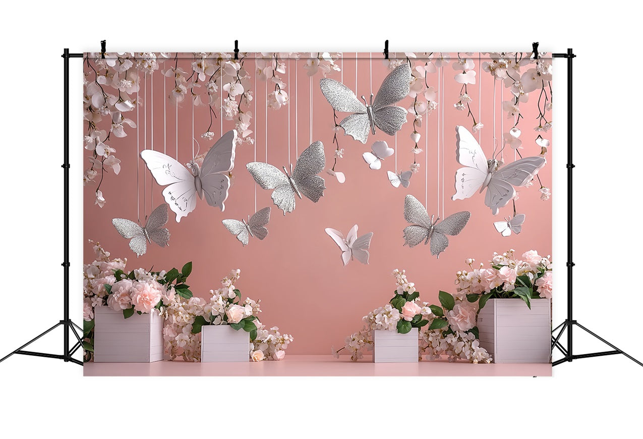 Spring Themed Backdrop Hanging Flowers Silver Butterflies Backdrop LXX1-19