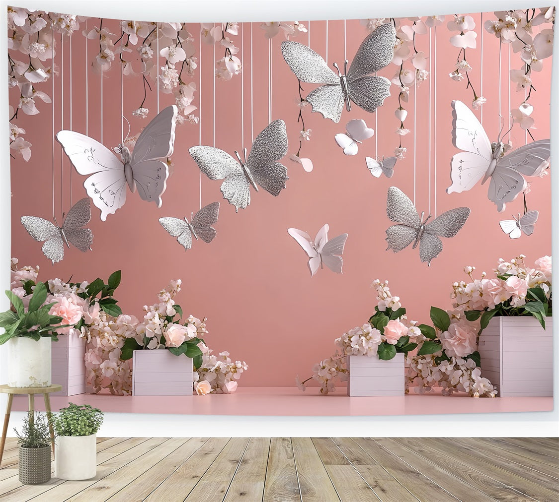 Spring Themed Backdrop Hanging Flowers Silver Butterflies Backdrop LXX1-19