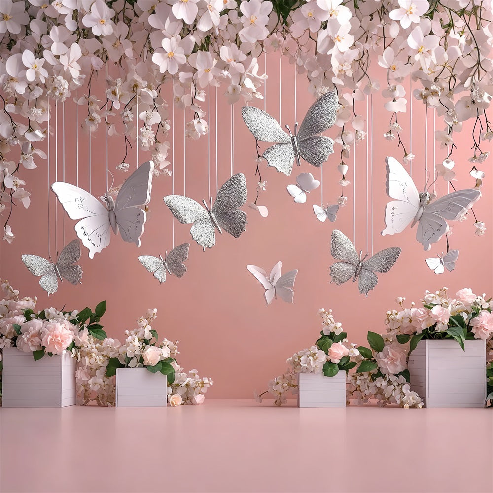 Spring Themed Backdrop Hanging Flowers Silver Butterflies Backdrop LXX1-19