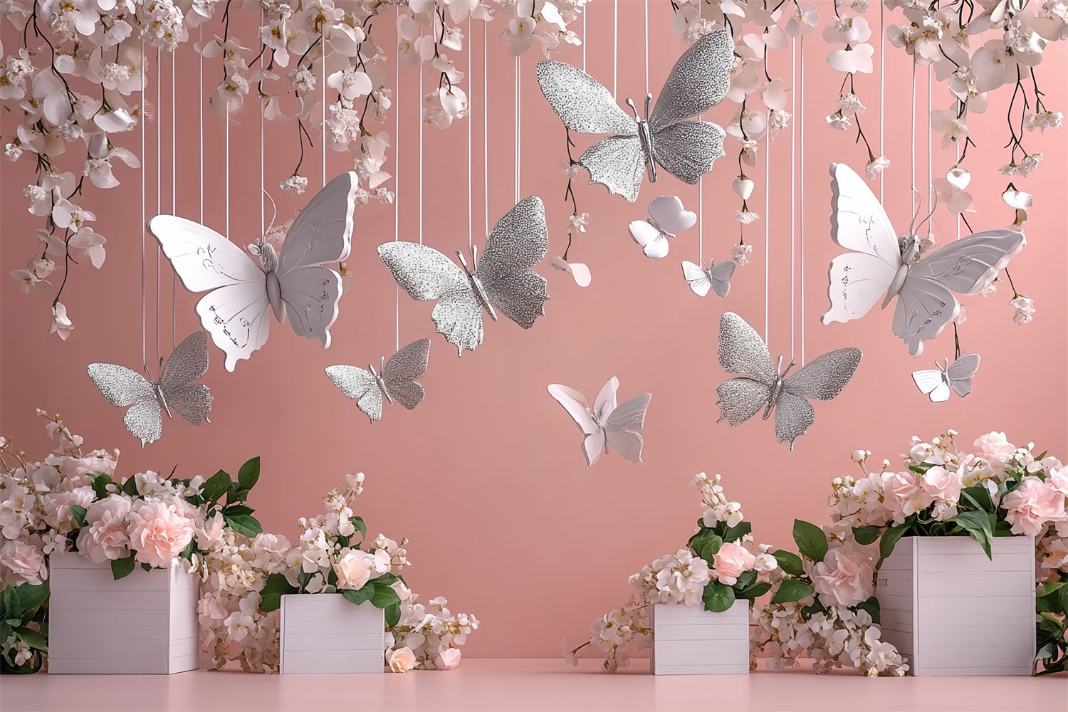 Spring Themed Backdrop Hanging Flowers Silver Butterflies Backdrop LXX1-19