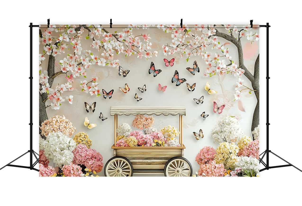 Spring Flower Backdrop Blossoming Cherry Butterfly Cart Backdrop LXX1-20