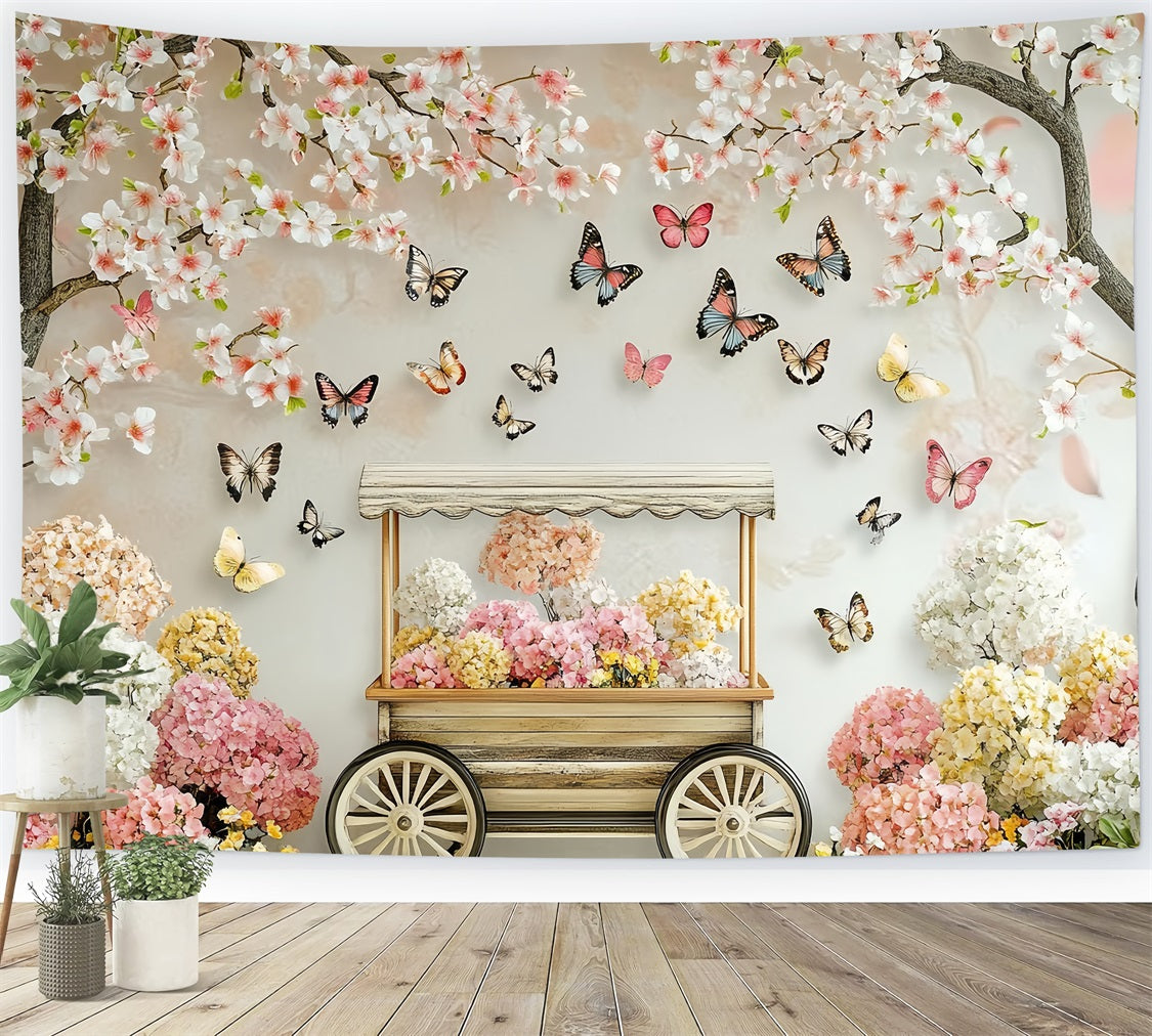 Spring Flower Backdrop Blossoming Cherry Butterfly Cart Backdrop LXX1-20