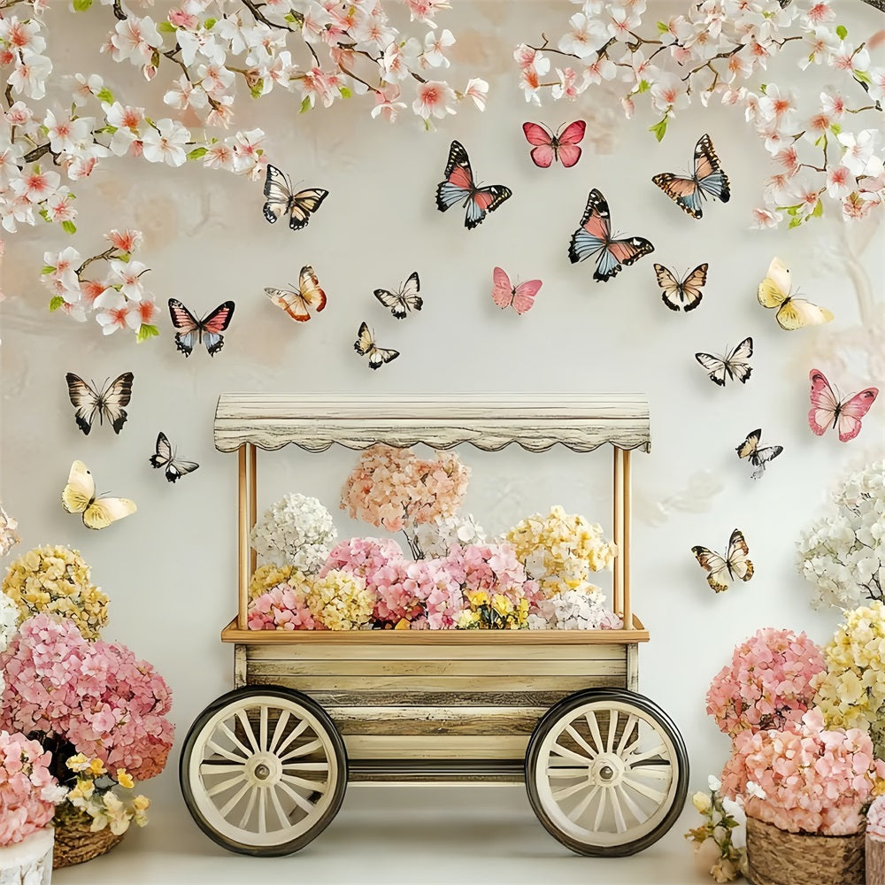 Spring Flower Backdrop Blossoming Cherry Butterfly Cart Backdrop LXX1-20