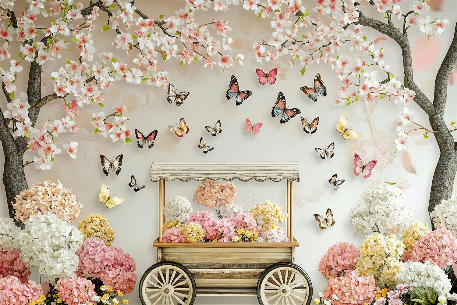 Spring Flower Backdrop Blossoming Cherry Butterfly Cart Backdrop LXX1-20