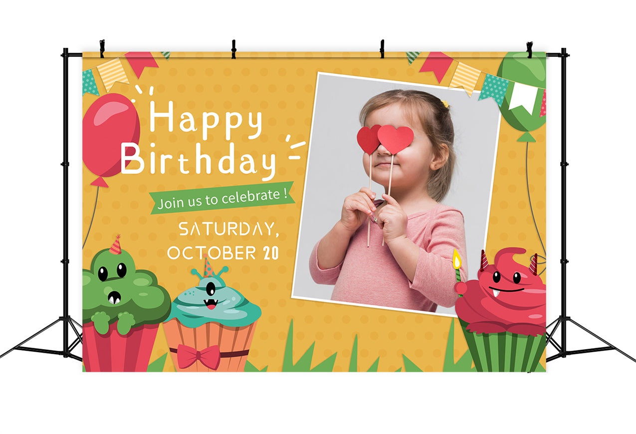 Personalized Birthday Backdrops Fun Cupcake Balloons Backdrop LXX1-217