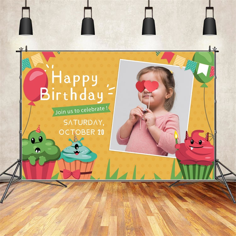 Personalized Birthday Backdrops Fun Cupcake Balloons Backdrop LXX1-217