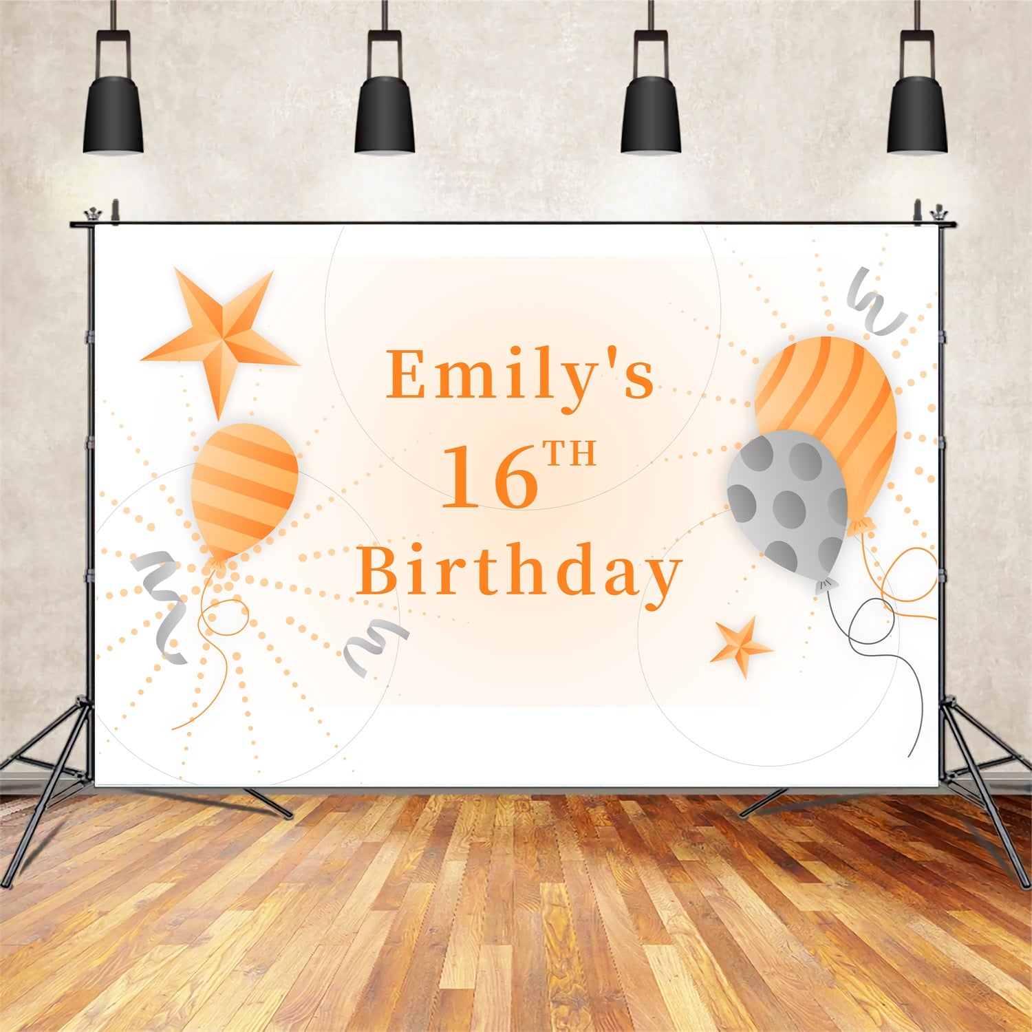 Custom Birthday Backdrops 16th Orange Star Balloon Backdrop LXX1-218