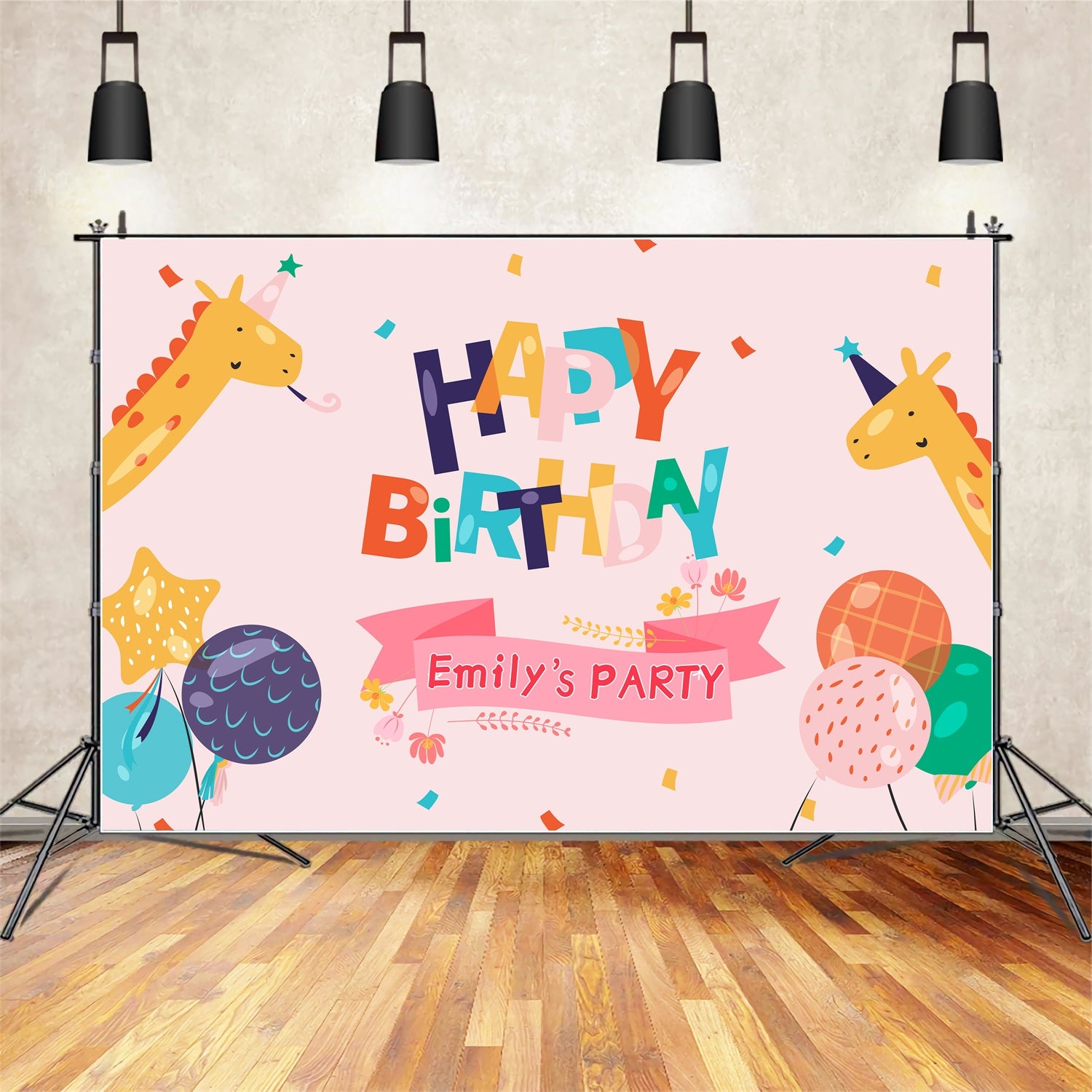 Customized Birthday Backdrop Cheerful Giraffes Balloon Backdrop LXX1-221