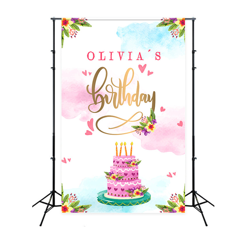 Personalized Birthday Backdrop Watercolor Cake Flower Backdrop LXX1-225