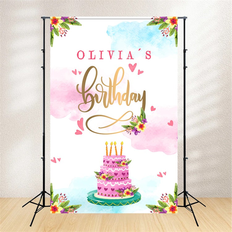 Personalized Birthday Backdrop Watercolor Cake Flower Backdrop LXX1-225