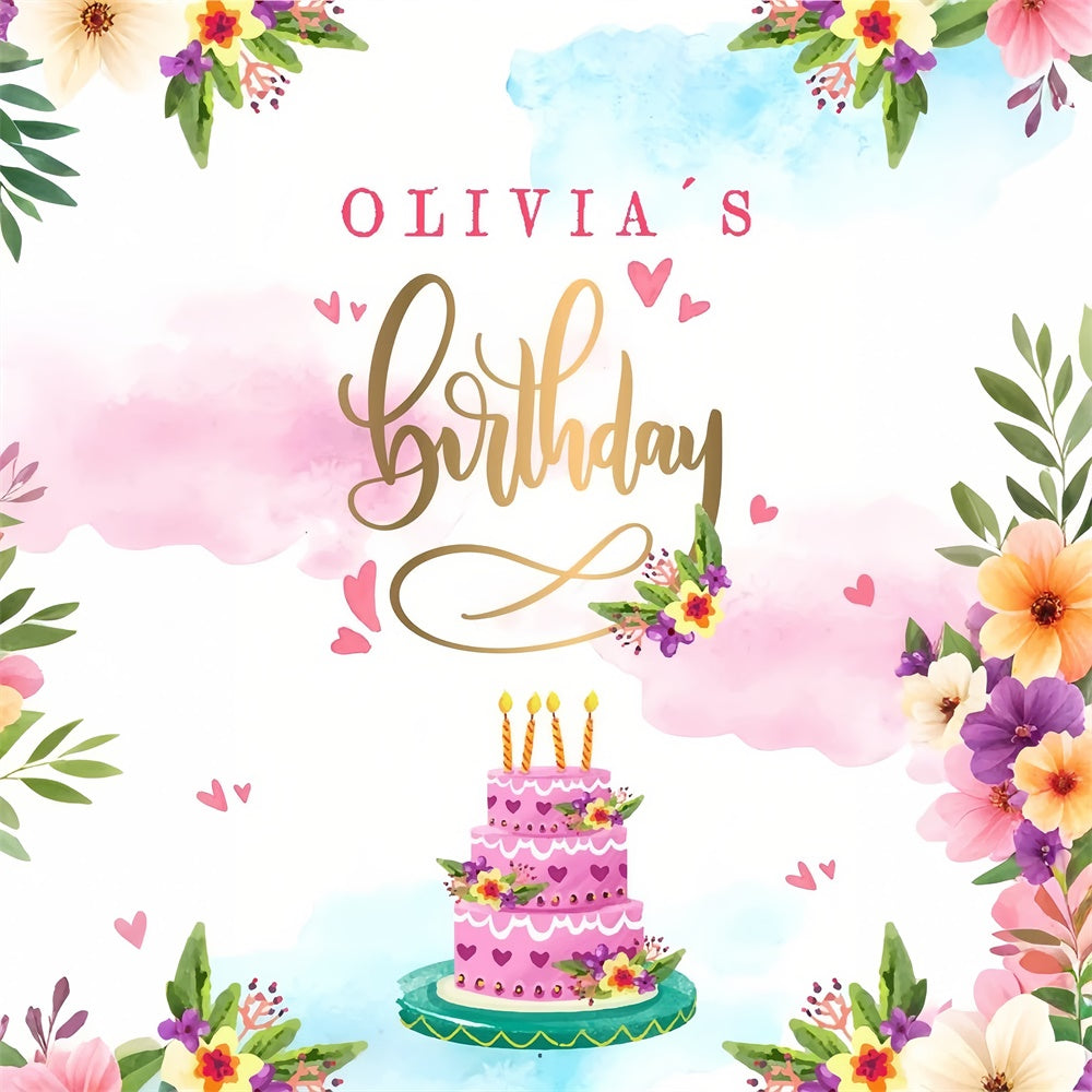 Personalized Birthday Backdrop Watercolor Cake Flower Backdrop LXX1-225